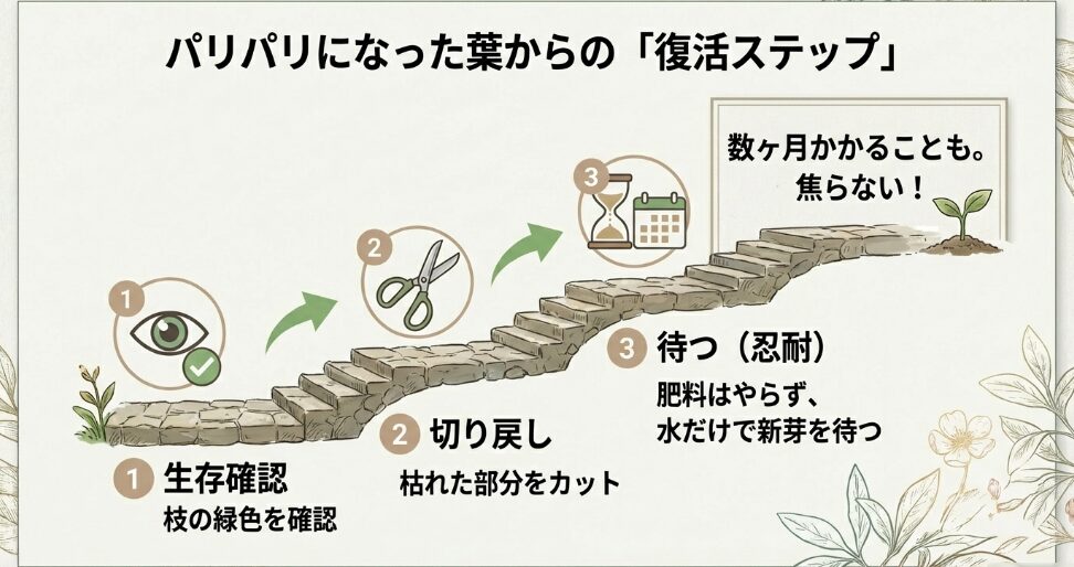 ミモザ復活の3ステップ。1.生存確認(枝の緑を確認)、2.切り戻し(枯れた部分カット)、3.待つ(肥料をやらずに忍耐)。