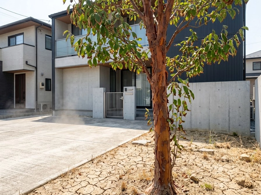 住宅地の庭に植えられたヒメシャラが夏の日差しで葉焼けを起こしている様子