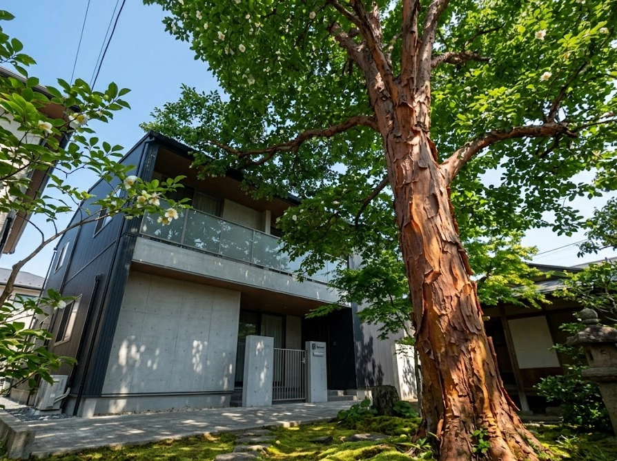 2階の屋根を超えるほど大きく成長した庭木の高さがわかる写真