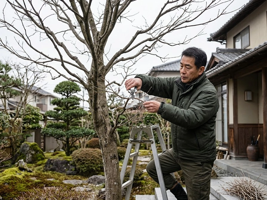 冬の休眠期にプロの造園業者がヒメシャラの透かし剪定を行う様子