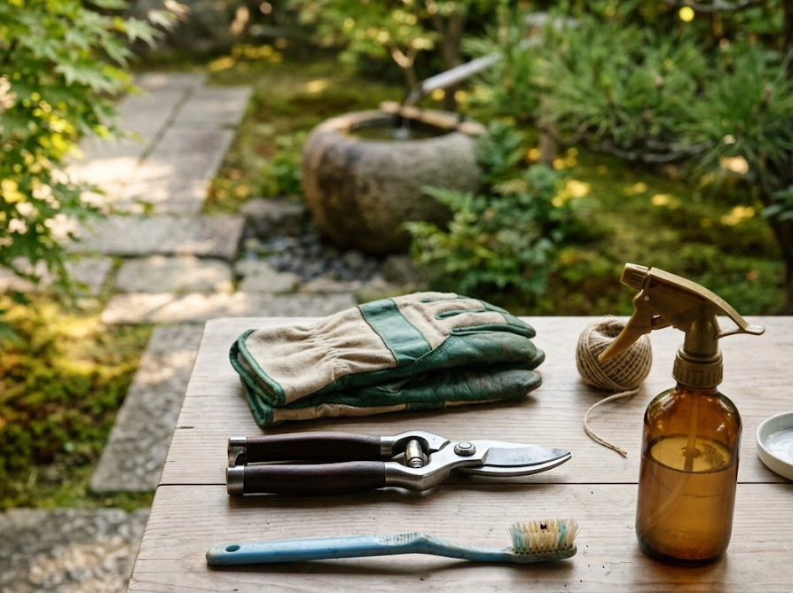 ミモザの害虫駆除に使用する歯ブラシや剪定バサミなどの道具一式