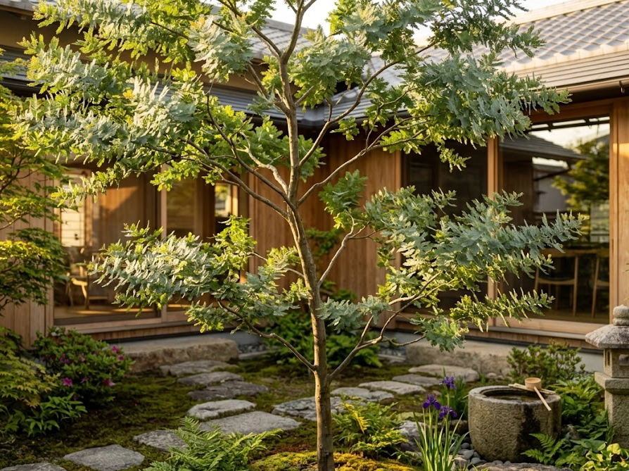 手入れが行き届いた日本の住宅の庭で健康に育つ美しいミモザの木