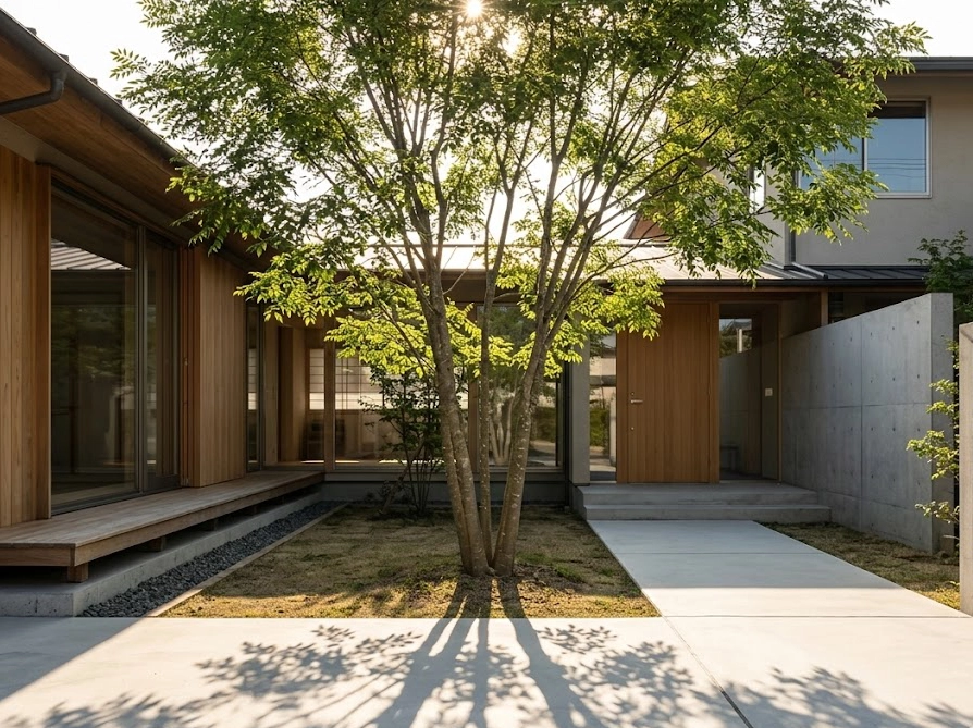 日本の住宅の玄関先にシンボルツリーとして植えられたシマトネリコの全景