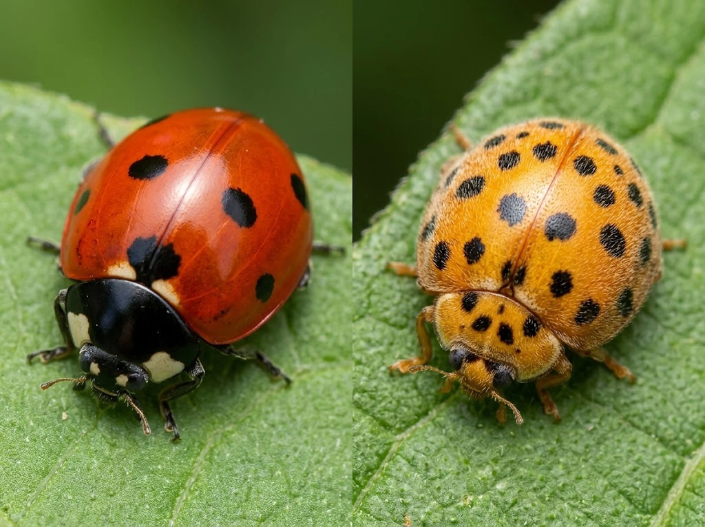 益虫のナナホシテントウ（左・光沢あり）と害虫のテントウムシダマシ（右・光沢なし）の比較写真