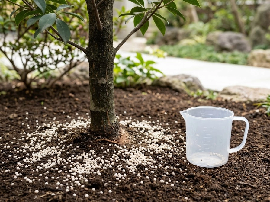 庭木の株元の土に撒かれた粒状の殺虫剤と計量カップ