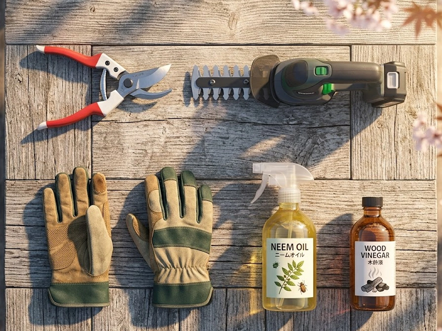 庭木の手入れに使う剪定ばさみやニームオイルなどのガーデニング道具の俯瞰写真