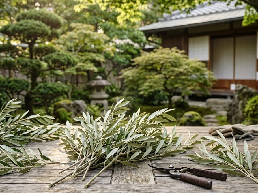 庭で剪定したオリーブの枝を木製テーブルに並べた様子