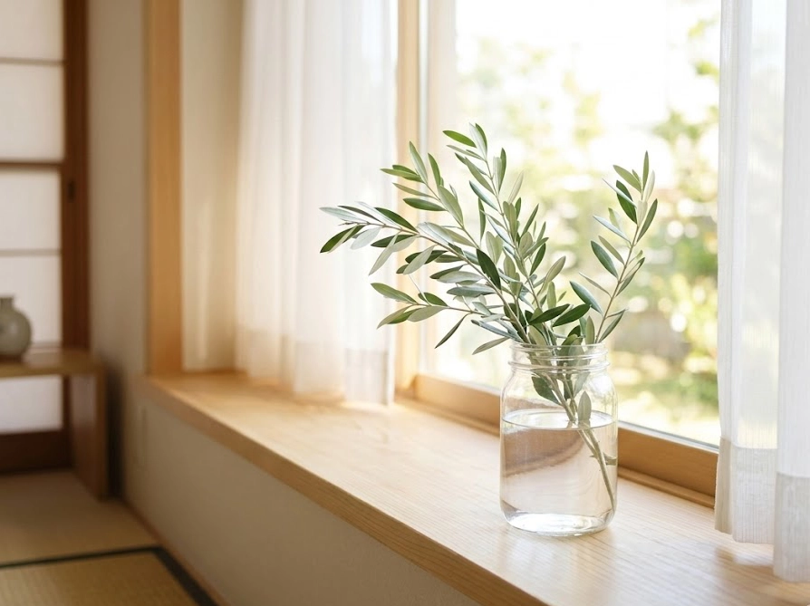 レースカーテン越しの明るい日陰の窓辺に置いたオリーブの水差し