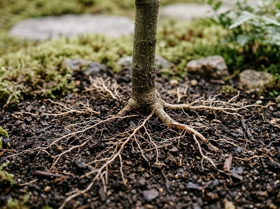 地表近くに浅く広がるオリーブの若木の根の様子