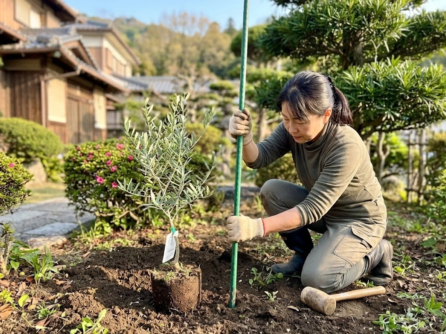 植え付け直後のオリーブの根鉢の外側に支柱を打ち込む作業風景