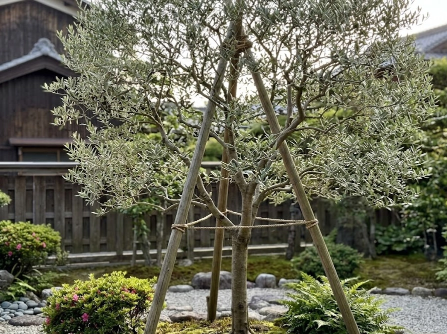 透かし剪定と八つ掛け支柱で美しく整えられた庭植えオリーブの全体像
