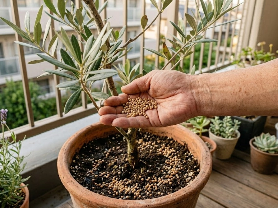 鉢植えオリーブの根元に緩効性肥料を手で撒いている様子