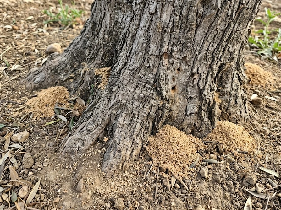 オリーブアナアキゾウムシの侵入サインであるオリーブの幹根元に溜まったおがくず