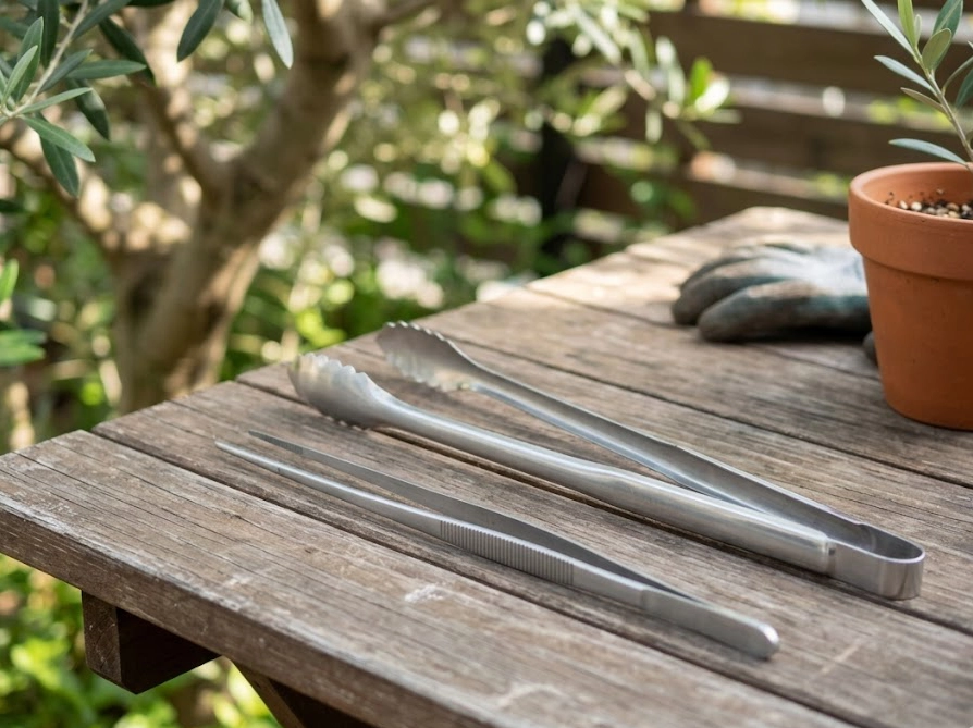 オリーブの害虫駆除に使えるロングピンセットとバーベキュー用トング