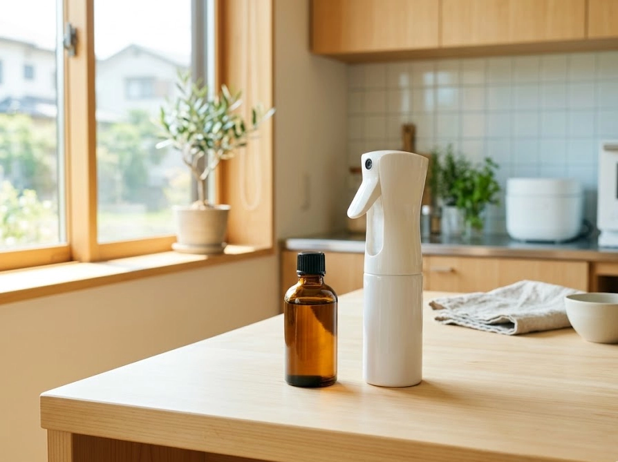 オリーブの無農薬害虫対策に使うニームオイルと霧吹きスプレー