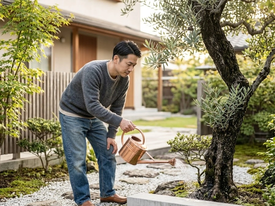朝の水やりついでにオリーブの木を観察する週末ガーデナーの男性