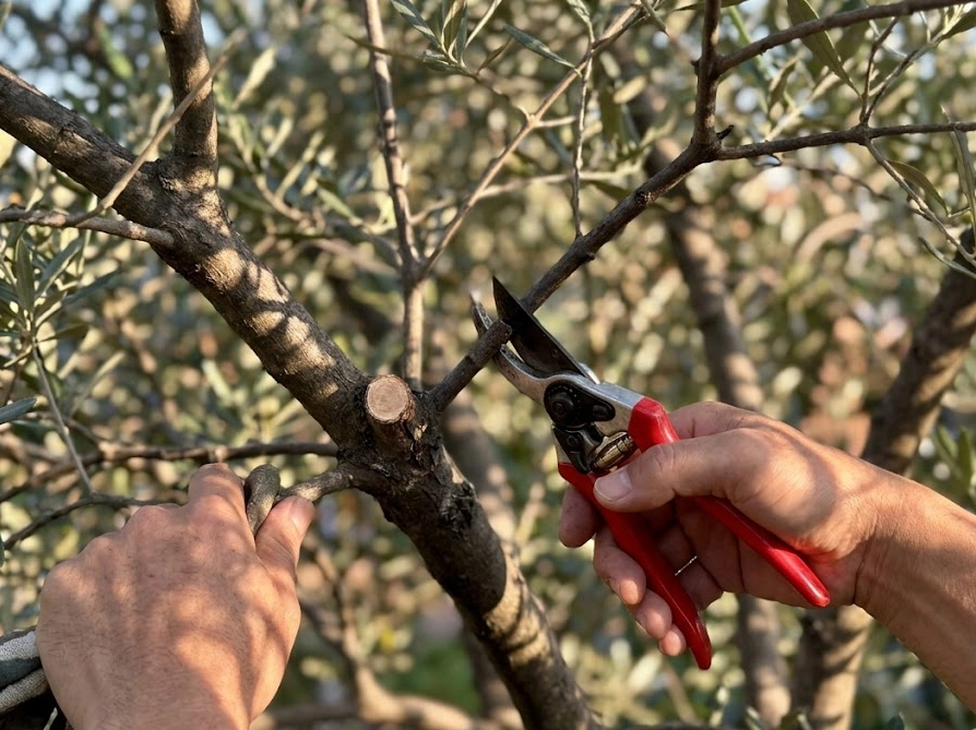オリーブの内向枝を剪定バサミで透かし剪定している作業の様子