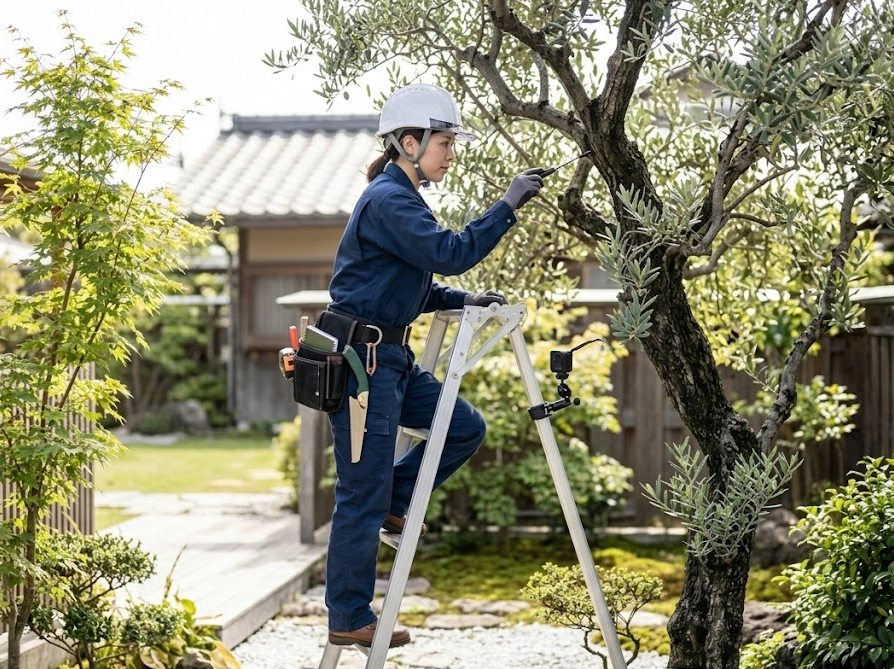 住宅の庭で高いオリーブの木を点検するプロの造園業者