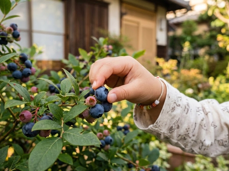 庭のブルーベリーの実を小さな手で摘み取る子供の様子