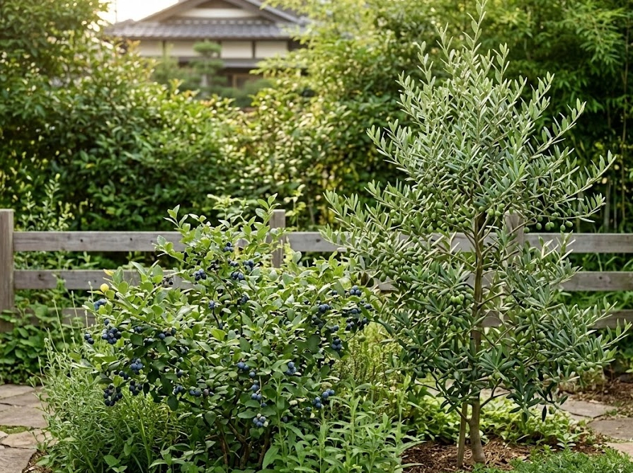 ブルーベリーと常緑樹のオリーブを混植しウッドフェンスと組み合わせた庭の目隠し
