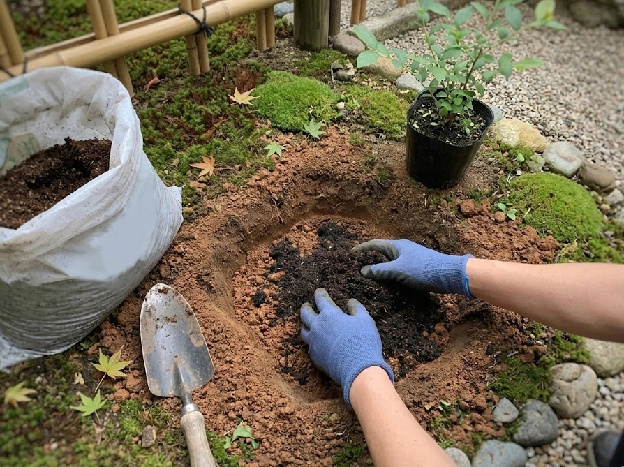 ブルーベリーの植え穴にピートモスを混ぜ込んで酸性土壌を作っている様子
