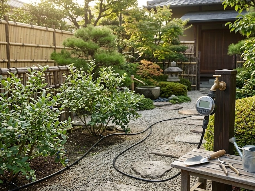 屋外蛇口に取り付けた自動潅水タイマーからブルーベリーの株元へ伸びるドリップホース