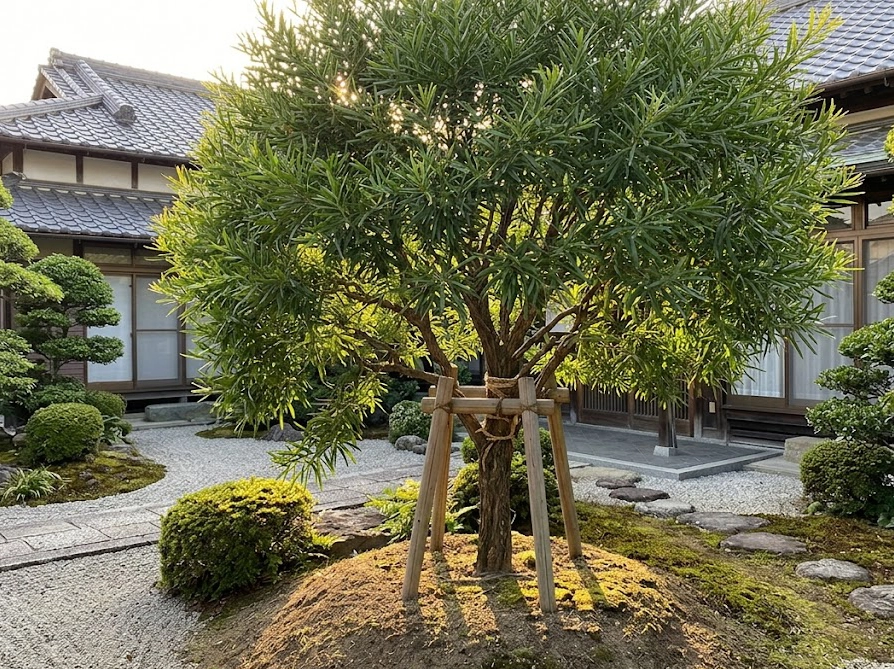 支柱で固定され水はけの良い高植えの土壌で健康に育つミモザ(アカシア)テレサの成熟株