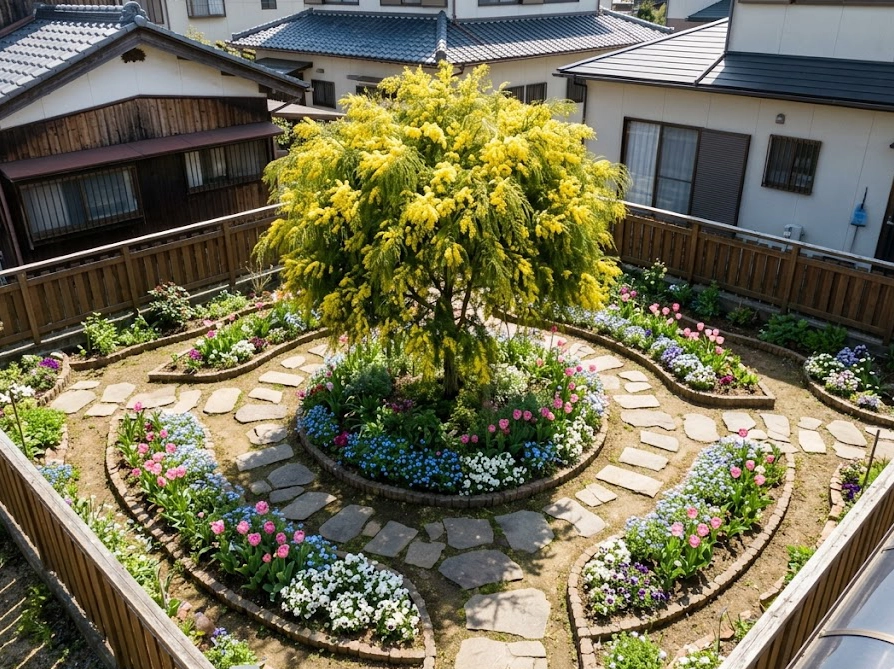 30坪ほどの日本の住宅の庭にシンボルツリーとして植えられたコンパクトなミモザ(アカシア)テレサ