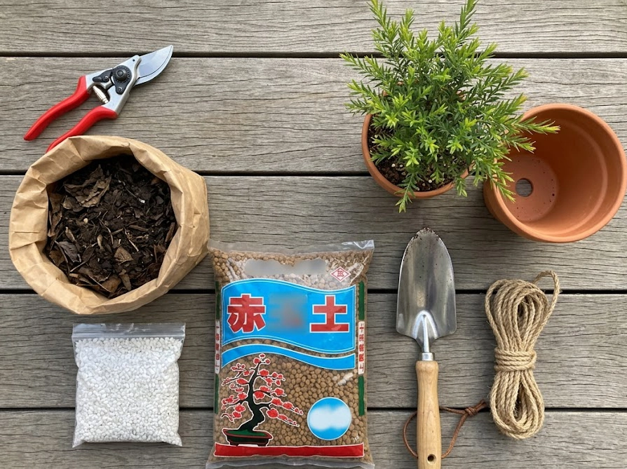 ミモザ(アカシア)テレサの地植えに使う剪定バサミ・腐葉土・パーライト・赤玉土などの道具一式