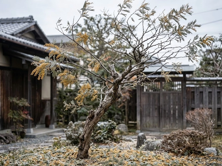 冬に葉が落ちて枝がまばらになったミモザの木の全体像