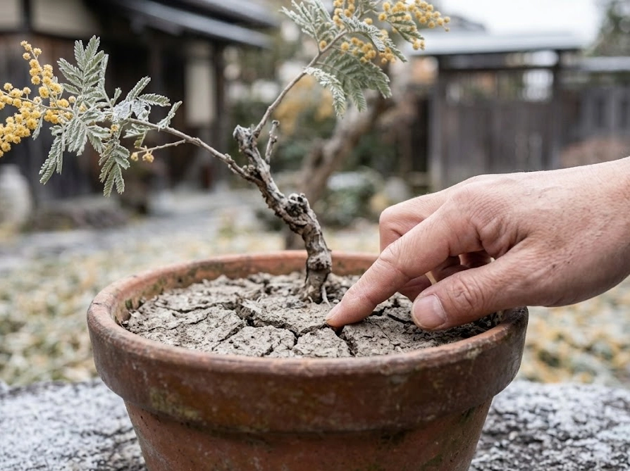 冬のミモザの鉢植えで乾いた土の表面を指で確認している様子