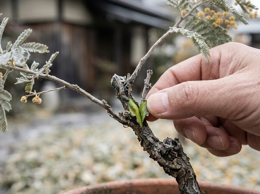 ミモザの枝の樹皮を削って緑色の生存部分を確認するスクラッチテスト
