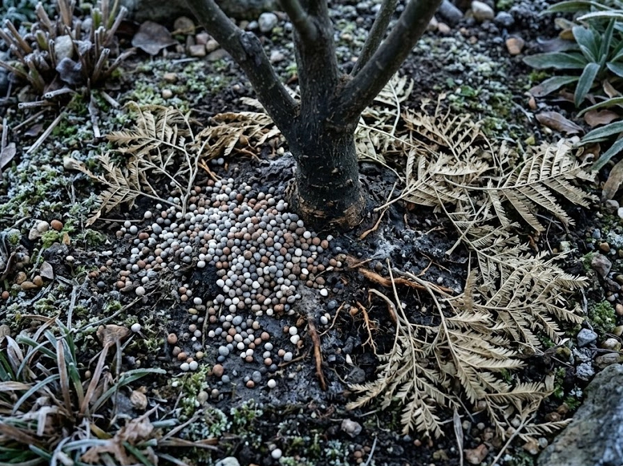 冬のミモザの株元に撒かれた粒状肥料と枯れた落ち葉