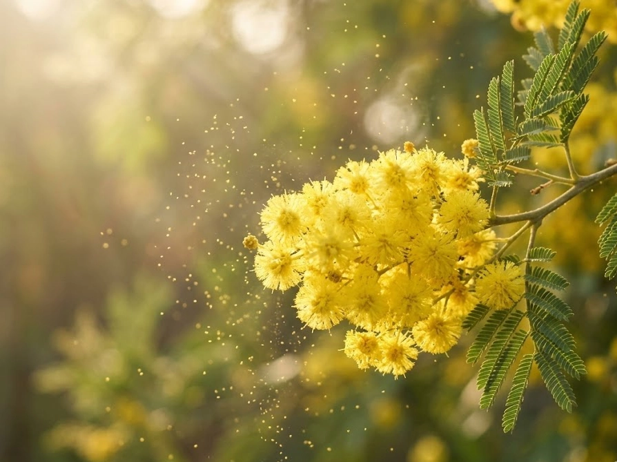 ミモザの花から花粉が舞い散る春の日差しの中のクローズアップ写真