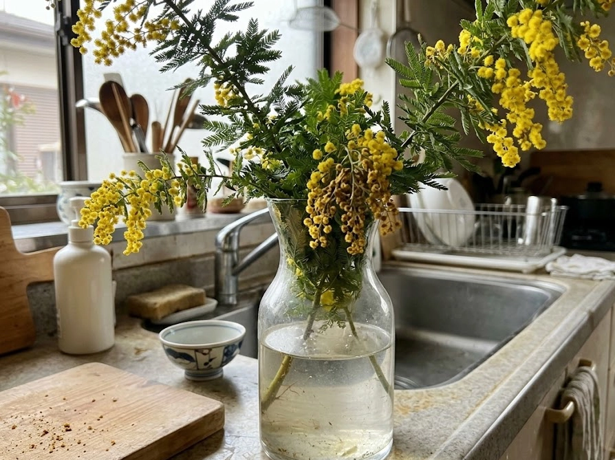 花瓶に生けたミモザの切り花が鮮度を失い水が濁り始めている様子