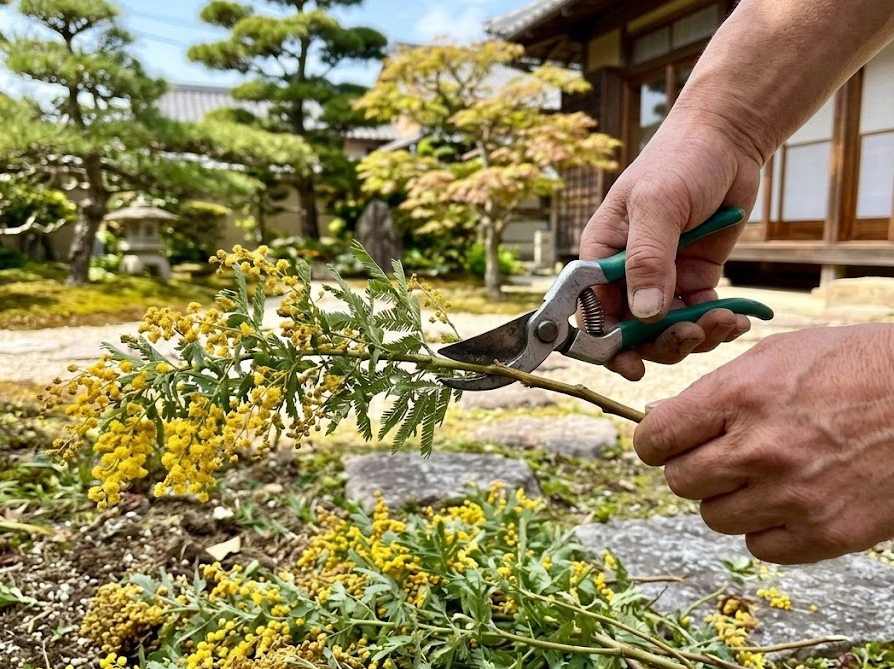 花後のミモザの枝を剪定ばさみで切り戻している庭作業の様子