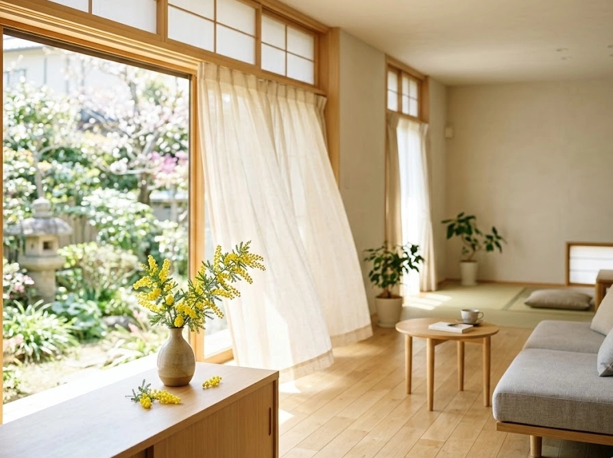 風通しの良い窓際にミモザの小枝を少量飾った明るいリビングの室内