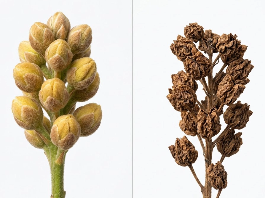 生きている茶色いミモザの蕾と枯れた蕾の比較写真