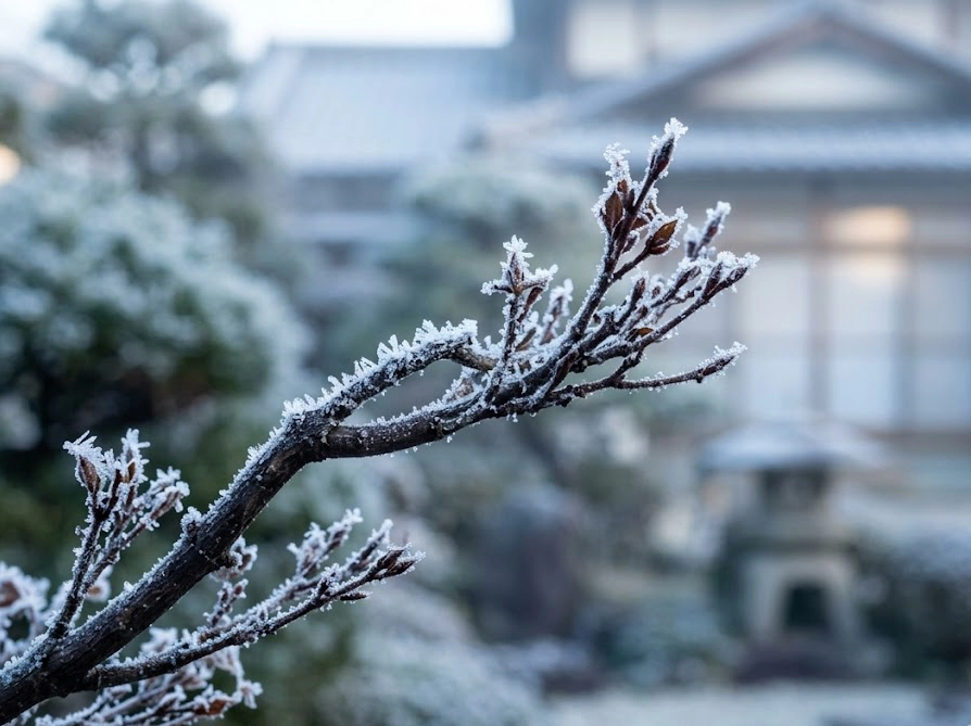 冬の朝に霜が付着した休眠期の庭木の枝のクローズアップ
