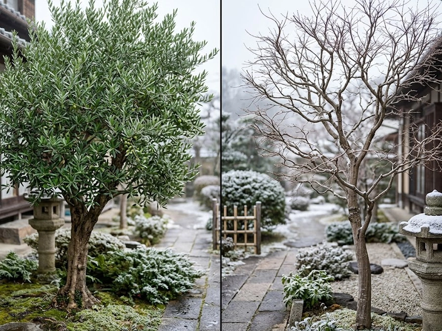冬の庭で緑の葉をつけた常緑樹のオリーブと葉を落とした落葉樹のモミジの対比