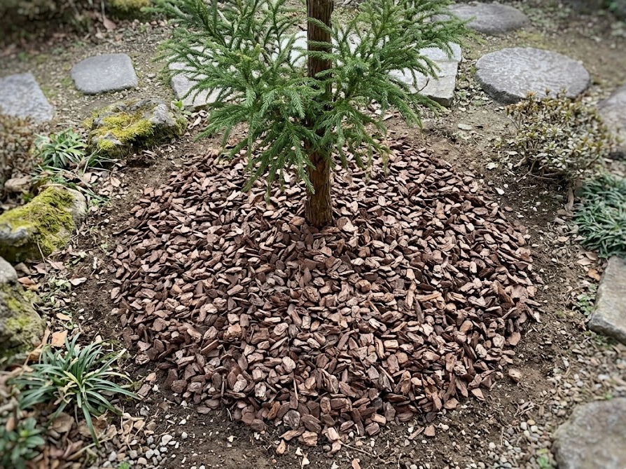 冬の庭木の根元にバークチップを敷き詰めたマルチングの様子を上から見た写真