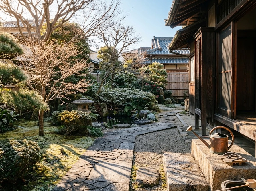 冬の午前中の柔らかい日差しが差し込む日本の住宅庭とじょうろ