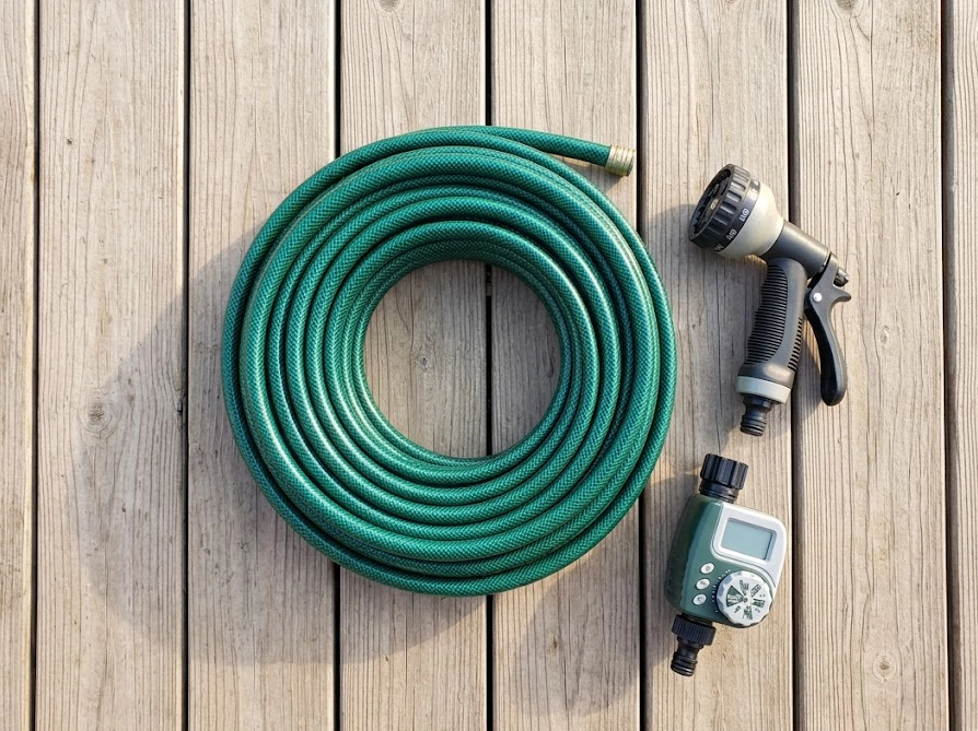 ウッドデッキに並べた多機能散水ノズルとホースと自動水やりタイマーの俯瞰写真