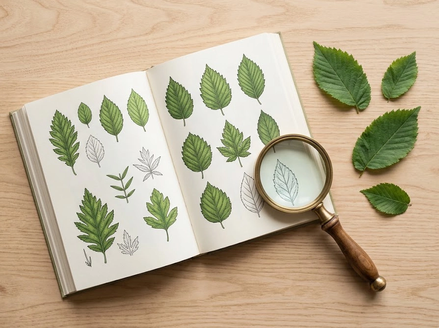 植物図鑑とルーペを使ってギザギザの葉の名前を調べるイメージ