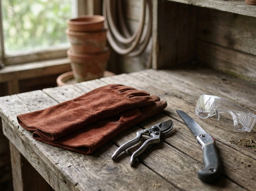 ヒイラギ剪定に必要な革手袋・剪定バサミ・ノコギリなどの道具一式