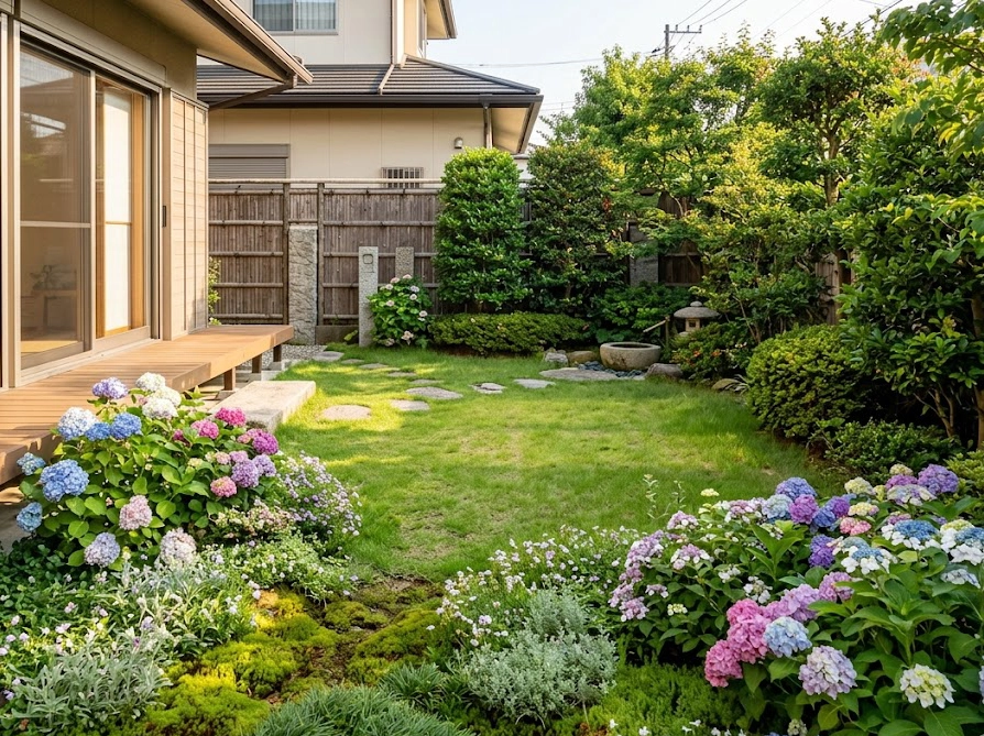 トゲのある木を奥に配置したディフェンス型ガーデニングの庭レイアウト例