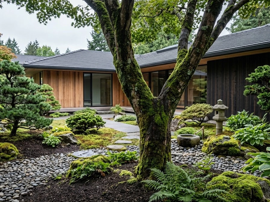 日本の住宅の庭で幹に苔が生えた庭木の全体像