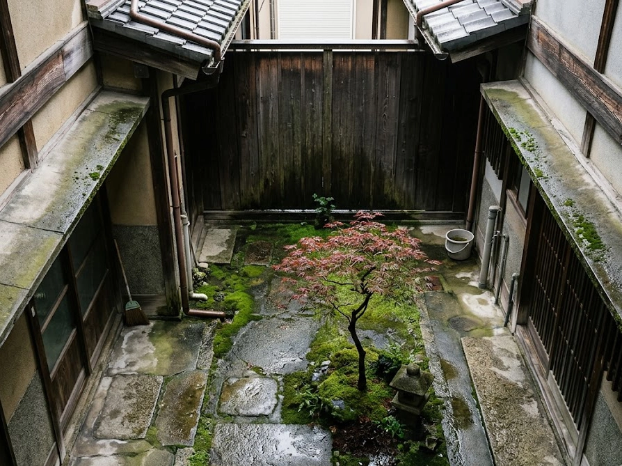 日本の住宅の間にある日陰で湿気がこもりやすい狭い庭の環境