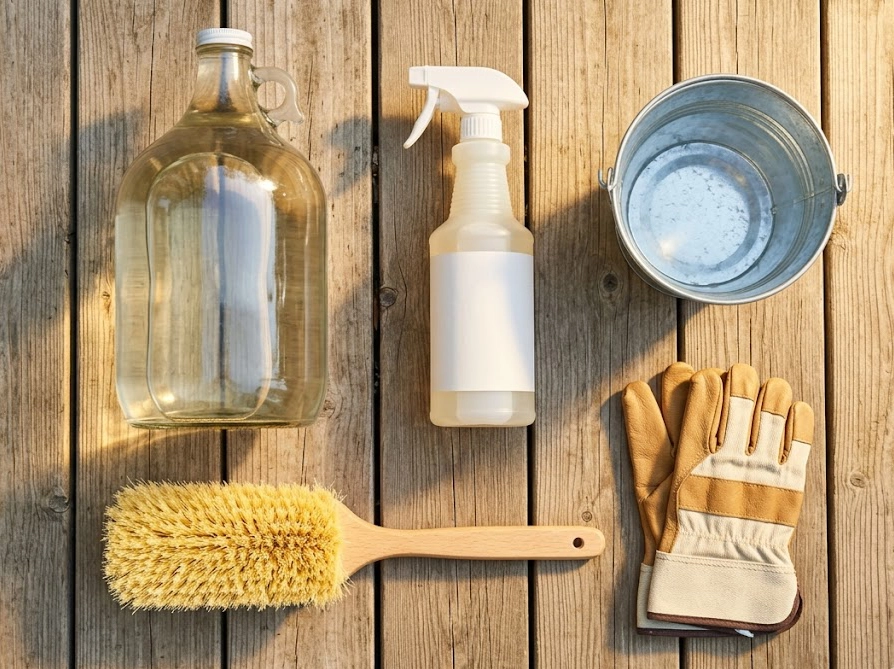 庭木の苔落としに使う穀物酢やスプレーボトルなどの道具一式