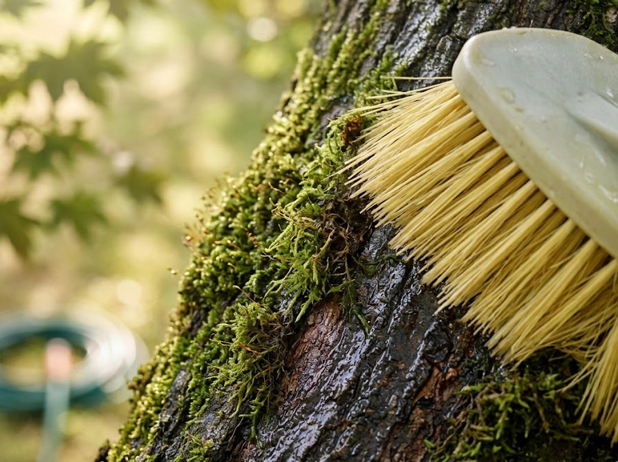 柔らかいブラシで庭木の幹の苔を優しくこすり落としている様子